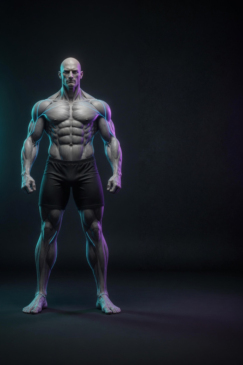 Muscular male fitness model in a strong front pose