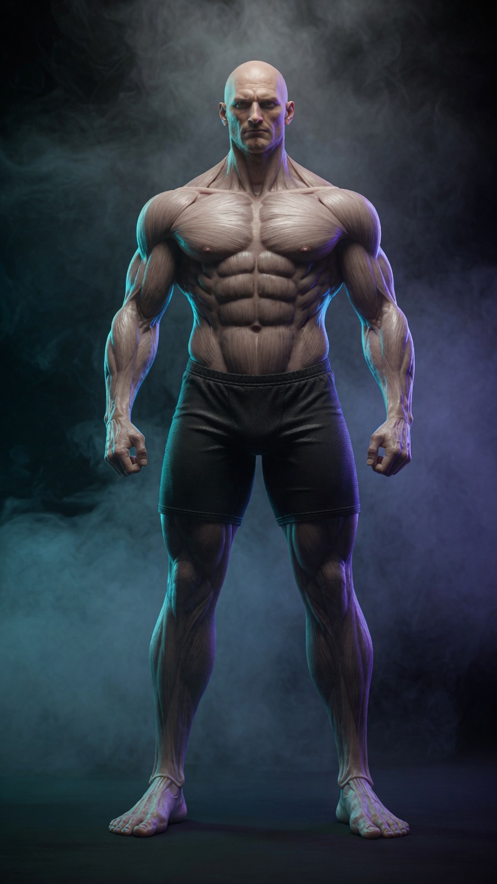 Muscular male fitness model in a strong front pose